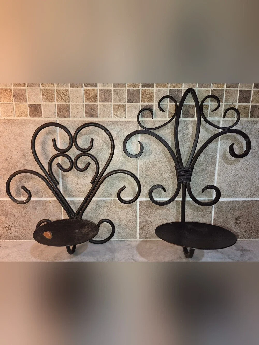 Pair of black Wrought Iron Scroll Candle Wall Sconces